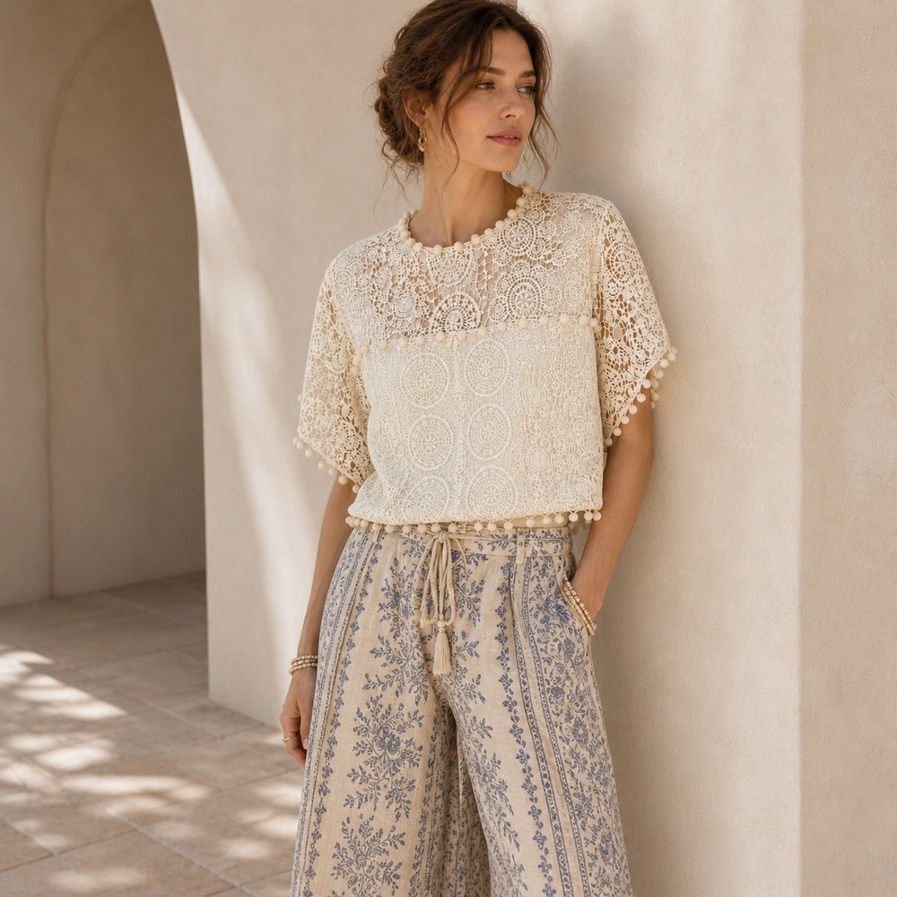 Tularosa Crochet Top White Lace Pom Pom Trim Boho Size Medium